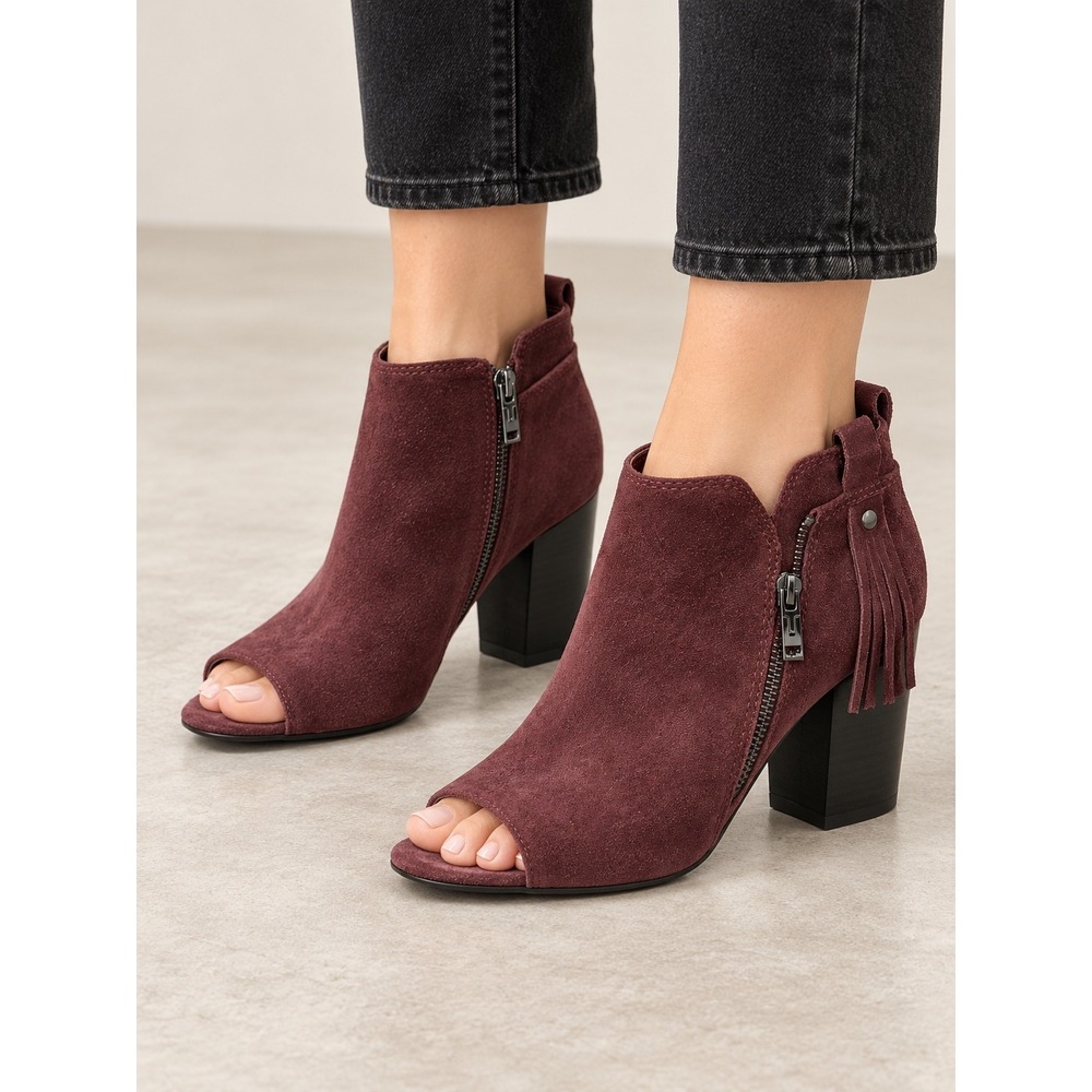 Marc Fisher Burgundy Suede Peep Toe Fringe Booties Size 8